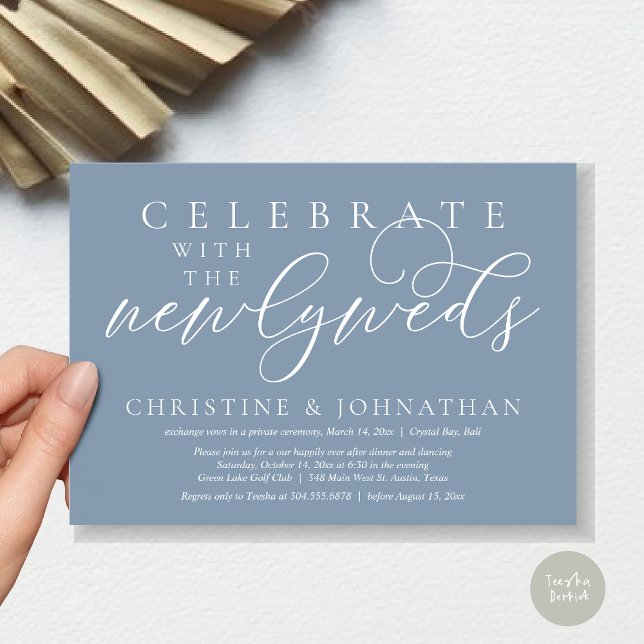 Celebrate with the newlyweds, Wedding Dinner  Invitation (Celebrate with the newlyweds, Wedding Dinner Invitation Card, PDF, Modern Romantic in Dusty Blue)
