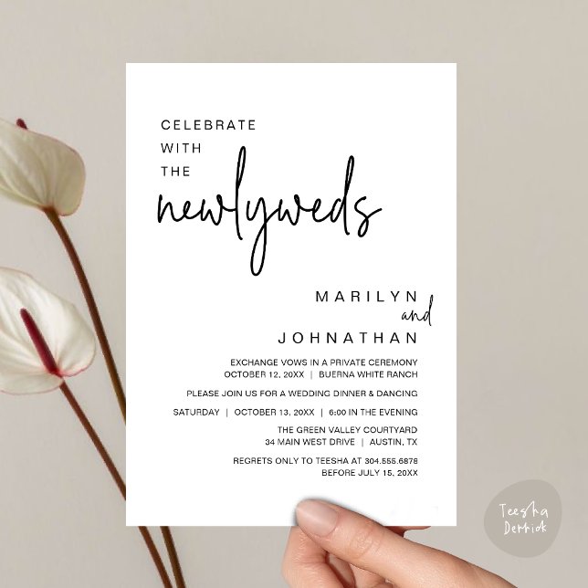 Celebrate With The Newlyweds, Wedding Dinner Party Invitation (Celebrate With The Newlyweds, Modern Clean Wedding Dinner Party Invitation Card PDF White Black)
