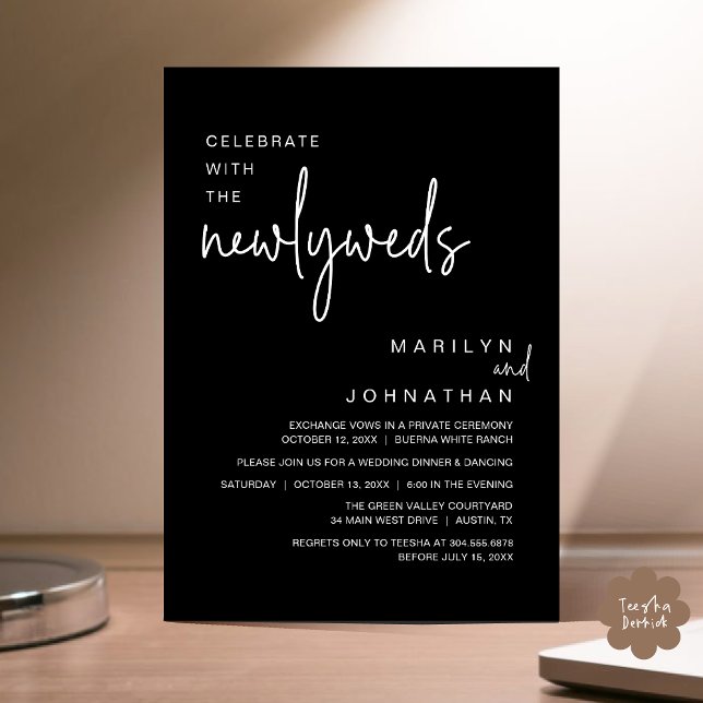 Celebrate With The Newlyweds, Wedding Dinner Party Invitation (Celebrate With The Newlyweds, Modern Clean Wedding Dinner Party Invitation Card PDF Classy Black)