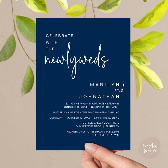 Celebrate With The Newlyweds, Wedding Dinner Party Invitation (Celebrate With The Newlyweds, Modern Clean Wedding Dinner Party Invitation Card PDF Navy Blue)