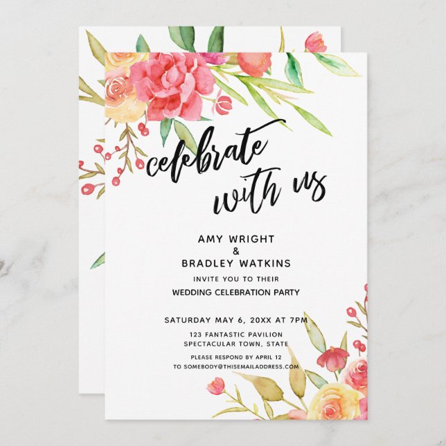 Celebrate with Us Boho Flowers Wedding Reception Invitation (Front/Back)