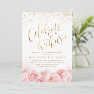 Celebrate With Us! calligraphy gold & blush floral Invitation