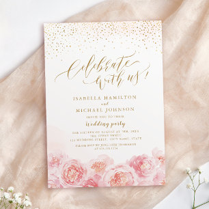 Celebrate With Us! calligraphy gold & blush floral Invitation