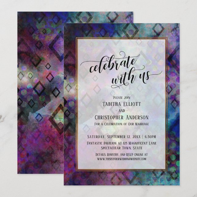 Celebrate with Us Colourful Abstract Gold Borders Invitation (Front/Back)