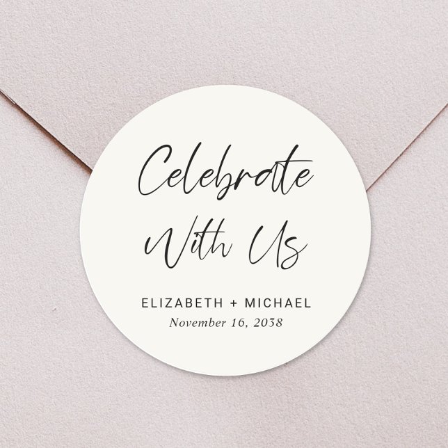 Celebrate With Us Cream Wedding Classic Round Sticker (Creator Uploaded)