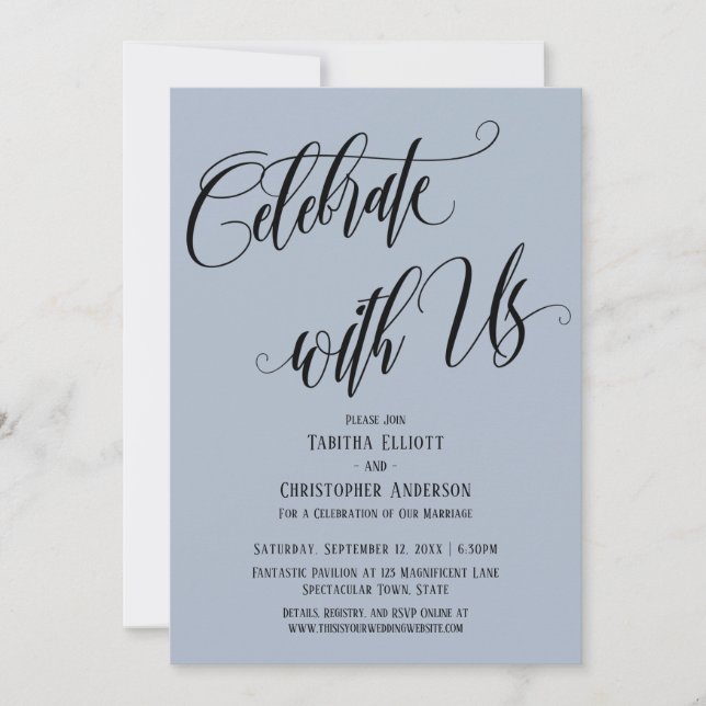 Celebrate with Us Elaborate Script Dusty Blue Invitation (Front)