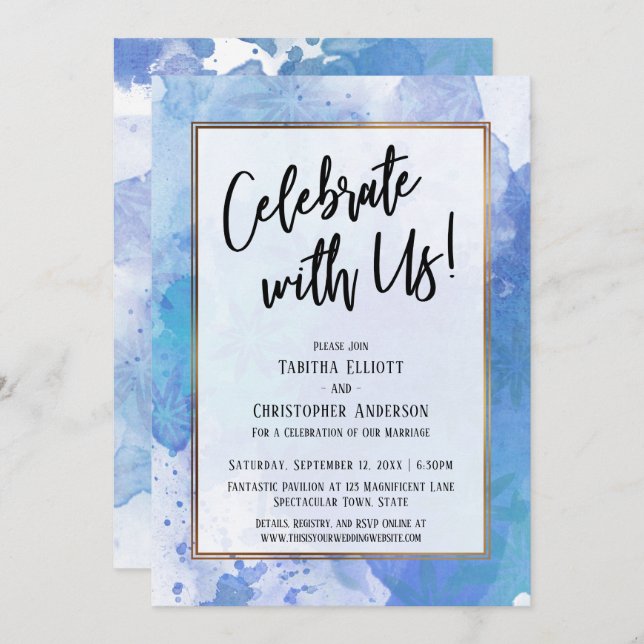 Celebrate with Us Gold Border Abstract Blue Splash Invitation (Front/Back)