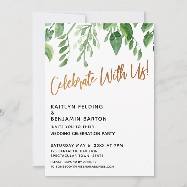 Celebrate With Us! Gold Calligraphy with Greenery Invitation (Front)