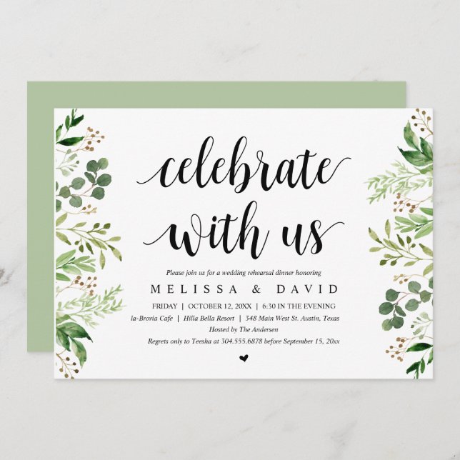 Celebrate with us, Greenery, Rehearsal Dinner Invi Invitation (Front/Back)