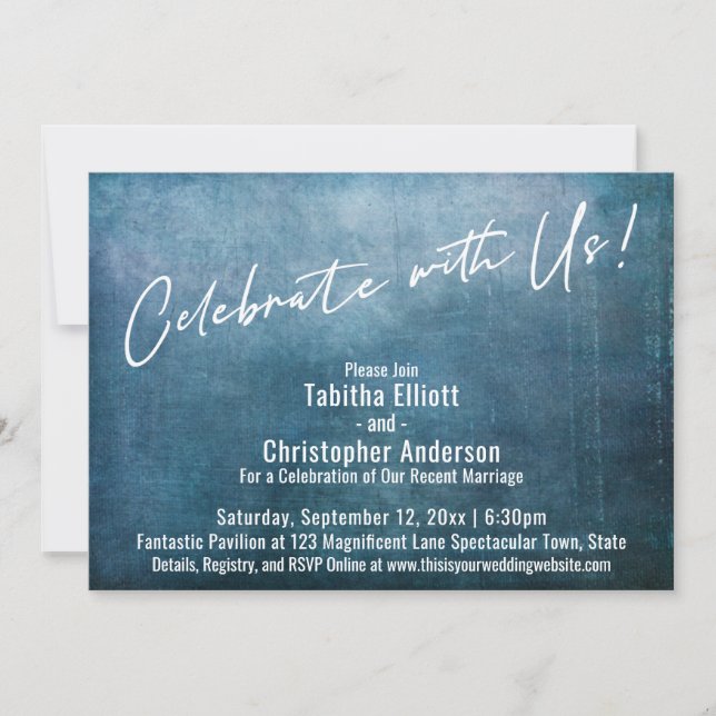 Celebrate with Us Handwriting Over Blue Grunge Invitation (Front)