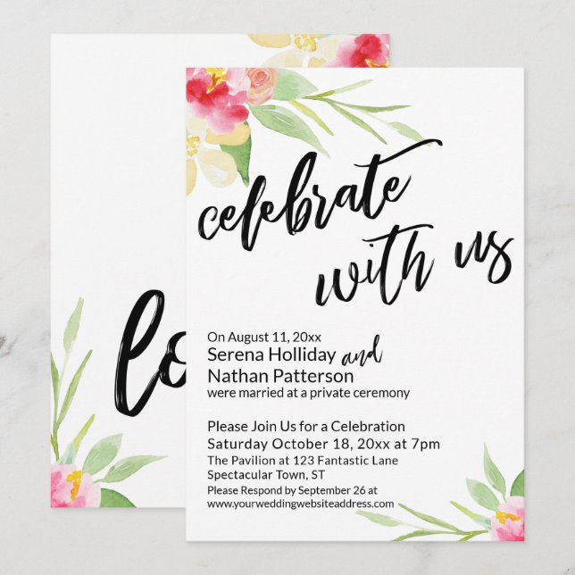 Celebrate with Us Handwriting & Watercolor Flowers Invitation (Front/Back)