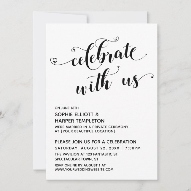 Celebrate with Us Hearts Black & White Reception Invitation (Front)