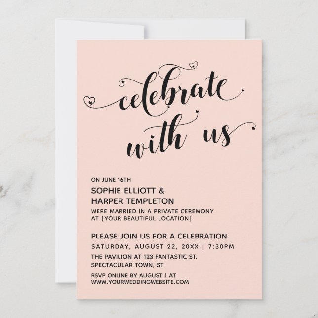 Celebrate with Us Hearts Blush Pink Reception-Only Invitation (Front)