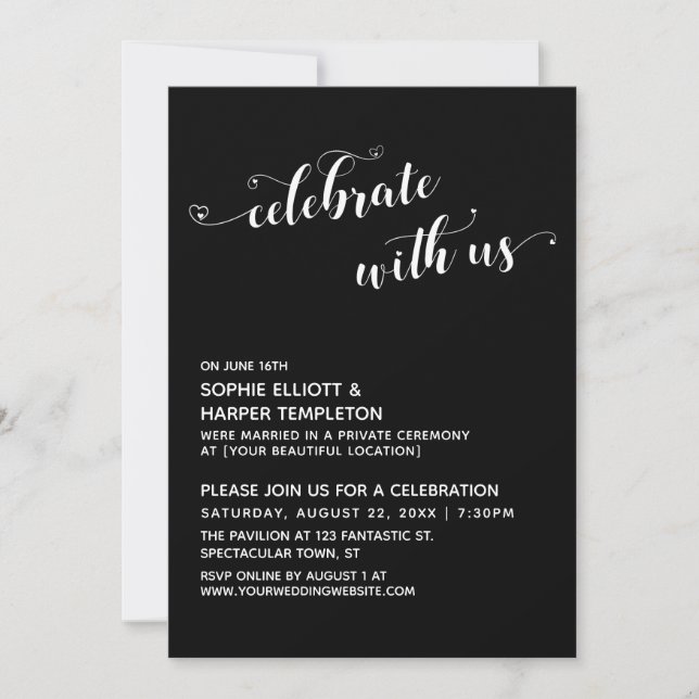 Celebrate with Us Hearts Script Black Reception Invitation (Front)
