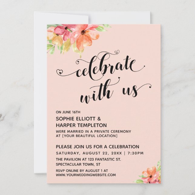 Celebrate with Us Hearts Script Florals Blush Pink Invitation (Front)