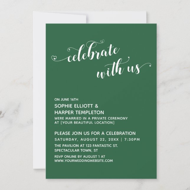 Celebrate with Us Hearts Script Green Reception Invitation (Front)