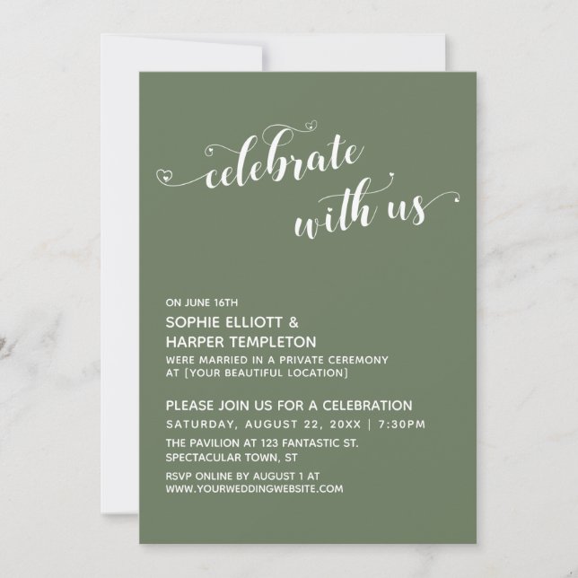 Celebrate with Us Hearts Script Olive Reception Invitation (Front)