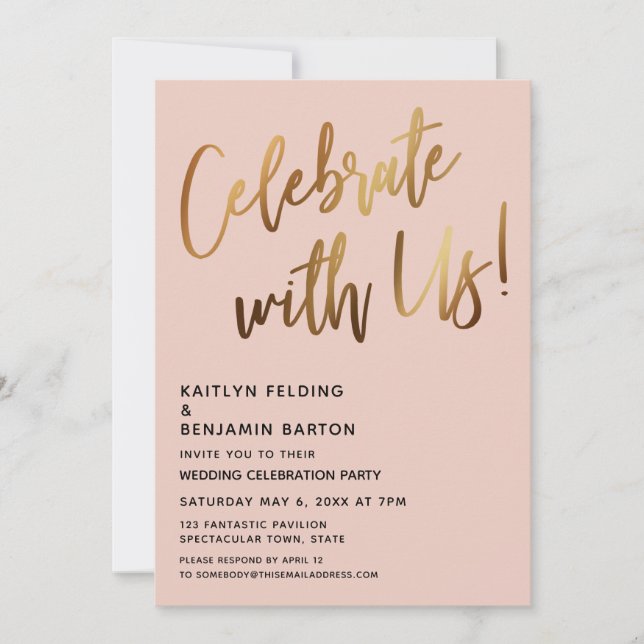 Celebrate With Us! Minimal Gold Handwriting Blush Invitation (Front)