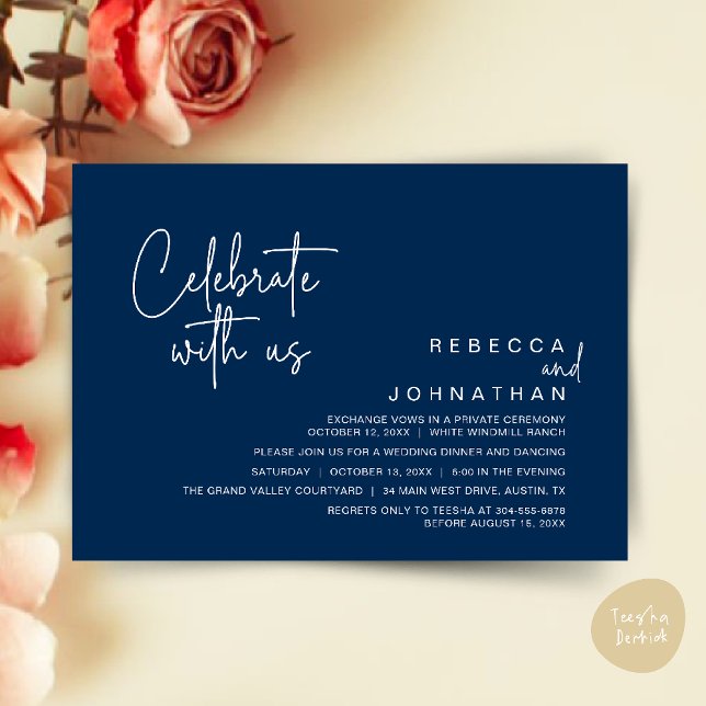 Celebrate with us, Modern Boho Wedding Reception  Invitation (Celebrate with us, Modern Boho Wedding Reception Invitation Card PDF Navy Blue)
