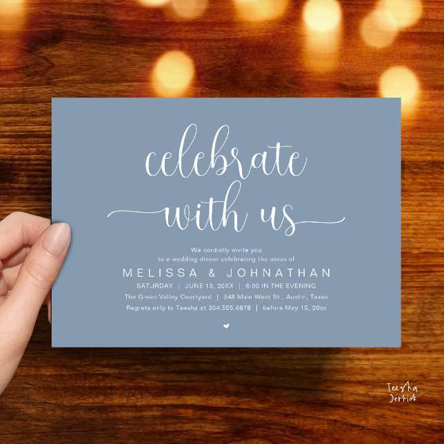 Celebrate With Us Modern Minimalist Wedding Dinner Invitation (Celebrate With Us, Modern Minimalist Wedding Reception Dinner Party Invites Card Dusty Blue)