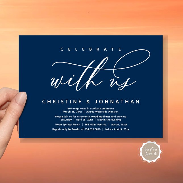 Celebrate with us, Modern Wedding Elopement Dinner Invitation (Celebrate with us, Modern Wedding Elopement Dinner Invitation Card, PDF, Modern Romantic Navy Blue)