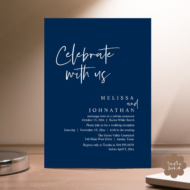 Celebrate with us, Modern Wedding Reception Invitation (Celebrate with us Modern Casual Wedding Reception Dinner Lunch Brunch Invites Card PDF Navy Blue)