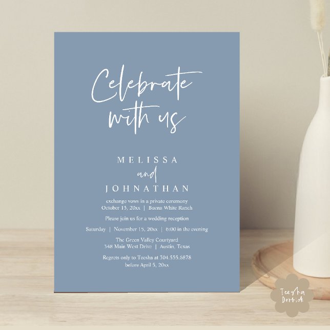 Celebrate with us, Modern Wedding Reception Invitation (Celebrate with us Modern Casual Wedding Reception Dinner Lunch Brunch Invites Card PDF Dusty Blue)