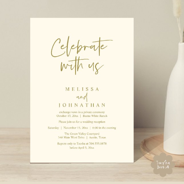 Celebrate with us, Modern Wedding Reception Invitation (Celebrate with us Modern Casual Wedding Reception Dinner Lunch Brunch Invites Card PDF Yellow Gold)