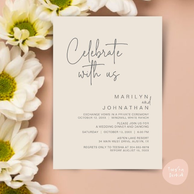 Celebrate with us, Modern Wedding Reception Party Invitation (Celebrate with us, Post Wedding Elopement Party Dinner Brunch Lunch Invitation Card PDF Cream Grey)