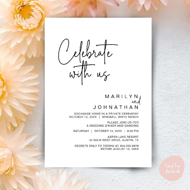 Celebrate with us, Modern Wedding Reception Party Invitation (Celebrate with us, Post Wedding Elopement Party Dinner Brunch Lunch Invitation Card PDF Black White)