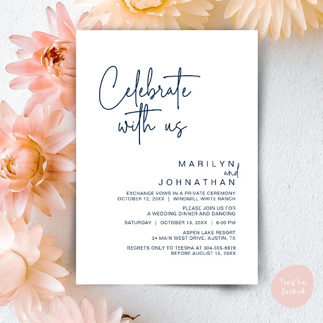 Celebrate with us, Modern Wedding Reception Party Invitation (Celebrate with us, Post Wedding Elopement Party Dinner Brunch Lunch Invitation Card PDF Navy Blue)