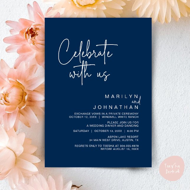 Celebrate with us, Modern Wedding Reception Party Invitation (Celebrate with us, Post Wedding Elopement Party Dinner Brunch Lunch Invitation Card PDF Navy Blue)