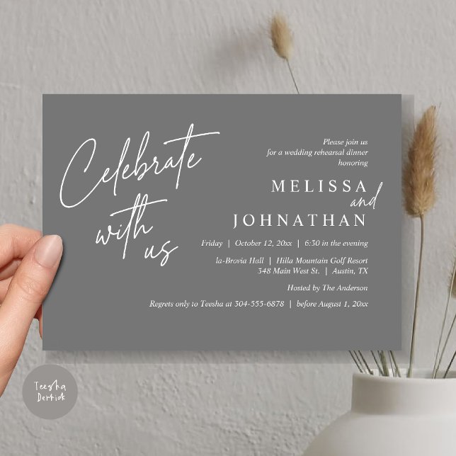 Celebrate with us, Modern Wedding Rehearsal Dinner Invitation (Celebrate with us, Modern Wedding Rehearsal Dinner Invitation Card, PDF, in Dark Grey)