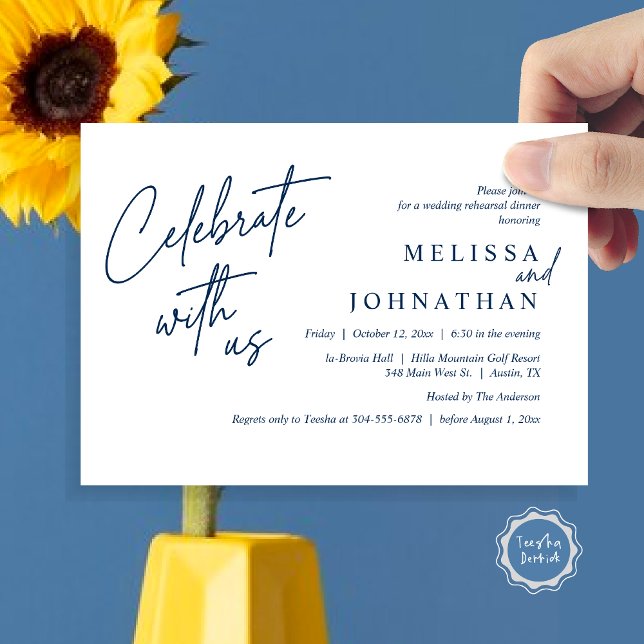 Celebrate with us, Modern Wedding Rehearsal Dinner Invitation (Celebrate with us, Modern Wedding Rehearsal Dinner Invitation Card, PDF, in Navy Blue)