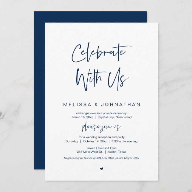 Celebrate with us, Navy Blue, Wedding Elopement Invitation (Front/Back)