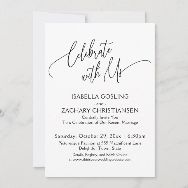 Celebrate with Us Pretty Handwriting Black & White Invitation (Front)