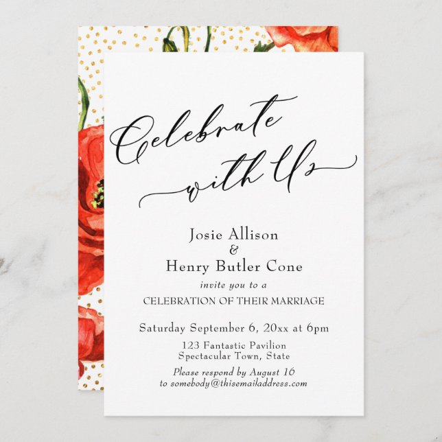 Celebrate with Us Reception Poppies Gold Confetti Invitation (Front/Back)