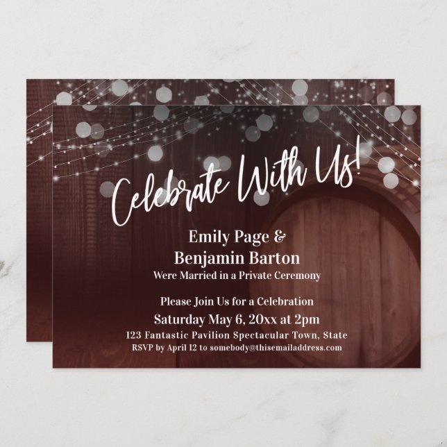 Celebrate with Us Red Wood Barrel and Lights Invitation (Front/Back)