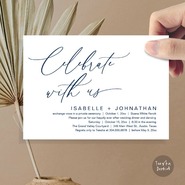 Celebrate with us, Romantic Wedding Dinner Party Invitation (Celebrate with us, Romantic Wedding Dinner Brunch Party Invites Card PDF Modern Classy Navy Blue)