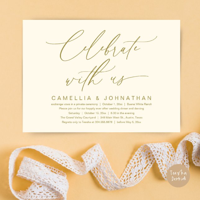 Celebrate with us, Romantic Wedding Dinner Party Invitation (Romantic Wedding Dinner Party, Celebrate with us Lunch Brunch Modern Invites Card  PDF Yellow Gold)