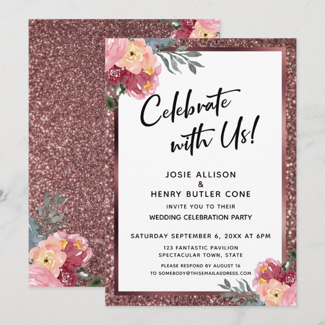 Celebrate With Us! Rose Gold Glitter and Flowers Invitation (Front/Back)