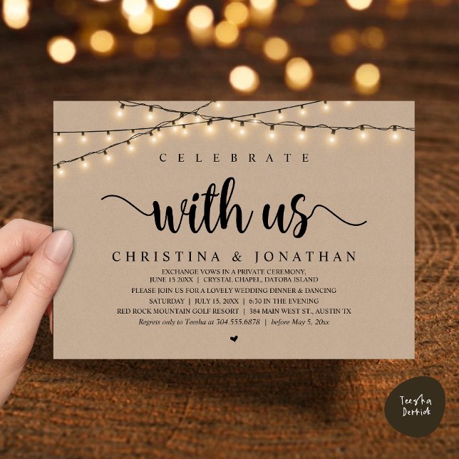 Celebrate with us, Rustic Wedding Dinner Elopement Invitation (Celebrate with us, Rustic Wedding Dinner Elopement Invitation Card, PDF, String Lights Brown Kraft)