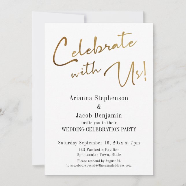 "Celebrate with Us!" Simple Gold Wedding Party Invitation (Front)