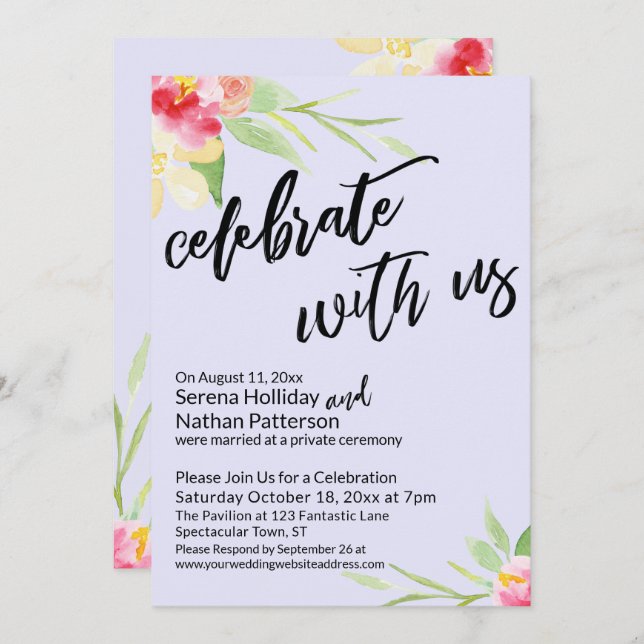 Celebrate with Us, Watercolor Flowers on Lavender Invitation (Front/Back)