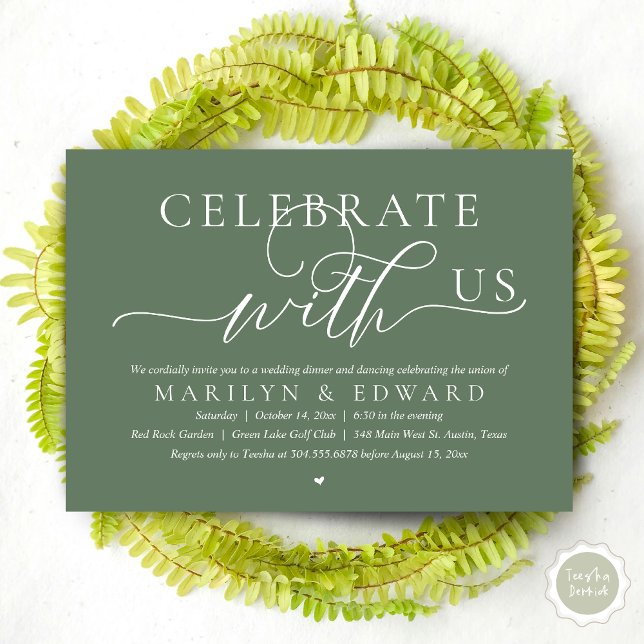 Celebrate with us, Wedding Elopement Dinner Invitation (Celebrate with us, Modern Romantic Wedding Elopement Dinner Invitation Card, PDF, in Sage Green)