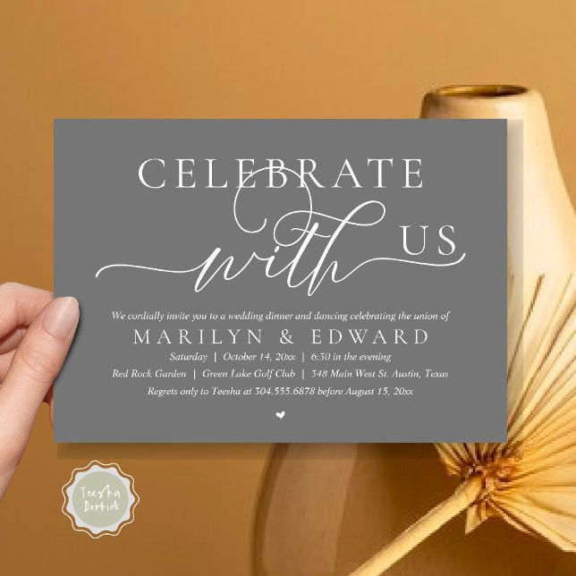 Celebrate with us, Wedding Elopement Dinner Invitation (Celebrate with us, Modern Romantic Wedding Elopement Dinner Invitation Card, PDF, in Dark Grey)