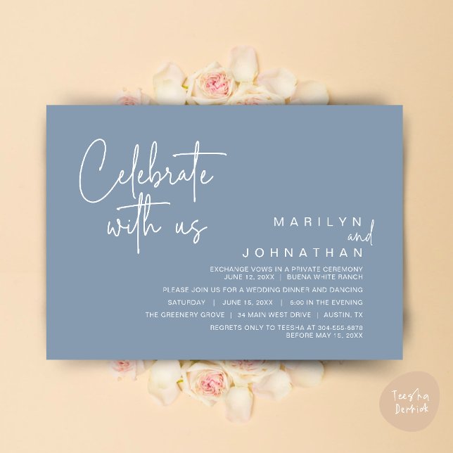 Celebrate with us, Wedding Elopement Dinner Party Invitation (Celebrate with us, Modern Wedding Elopement Dinner Lunch Brunch Party Invites Card PDF Dusty Blue)