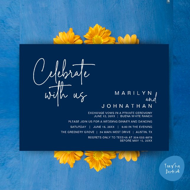 Celebrate with us, Wedding Elopement Dinner Party Invitation (Celebrate with us, Modern Wedding Elopement Dinner Lunch Brunch Party Invites Card PDF Navy Blue)