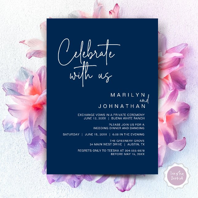 Celebrate with us, Wedding Elopement Dinner Party Invitation (Celebrate with us, Modern Wedding Elopement Dinner Lunch Brunch Party Invites Card PDF Navy Blue)