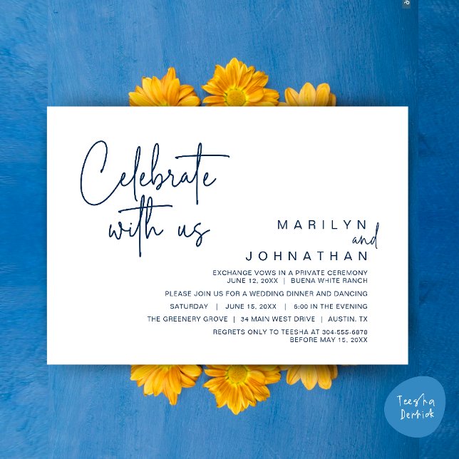 Celebrate with us, Wedding Elopement Dinner Party Invitation (Celebrate with us, Modern Wedding Elopement Dinner Lunch Brunch Party Invites Card PDF Navy Blue)